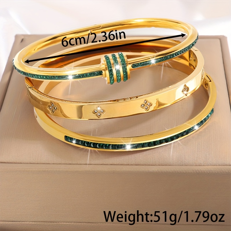 Boho Style Stainless Steel Bracelet Set 18K Golden Plating & Rhinestone Accents